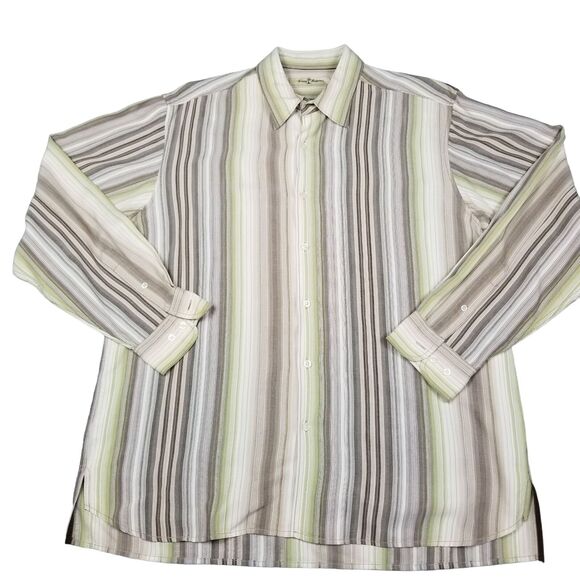 Men's Tommy Bahama Shirt Size Large Button Up Brown Green Tencel Long Sleeve - Picture 1 of 9